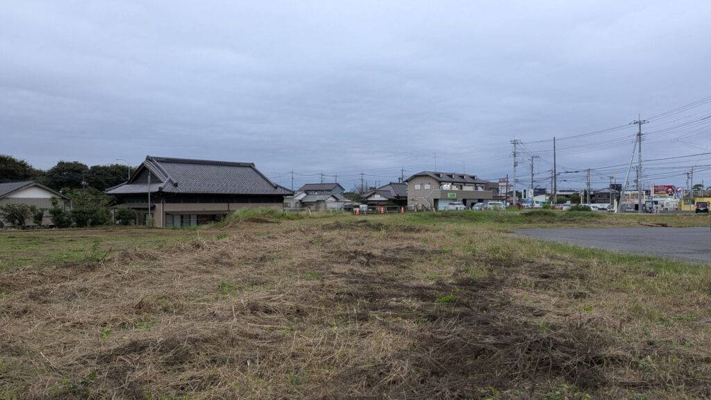 広がる草地と住宅の風景、曇り空の下、近隣の家々が見える静かなエリア