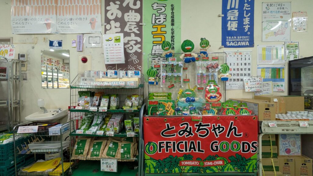 店内の一角にある商品棚と装飾。緑のキャラクターグッズがディスプレイされ、周囲には地元産品や食品が並んでいる。