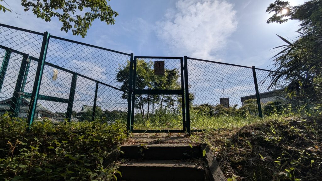 フェンスで囲まれた空き地の入口。青空が広がる中、草木が生い茂っている。