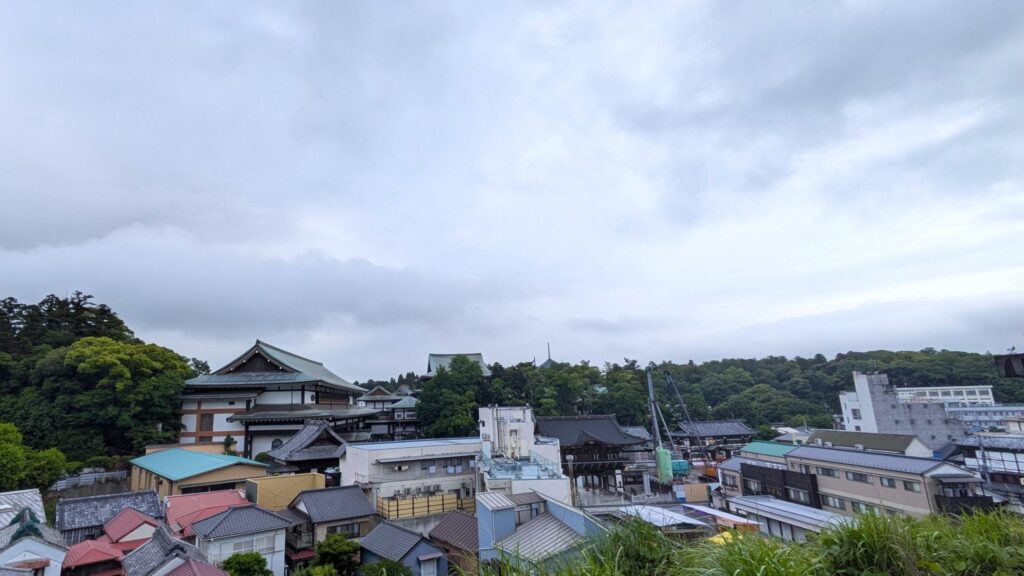 静かな町並みと神社を背景にした風景。曇り空の下、多くの建物がひしめき合っている。