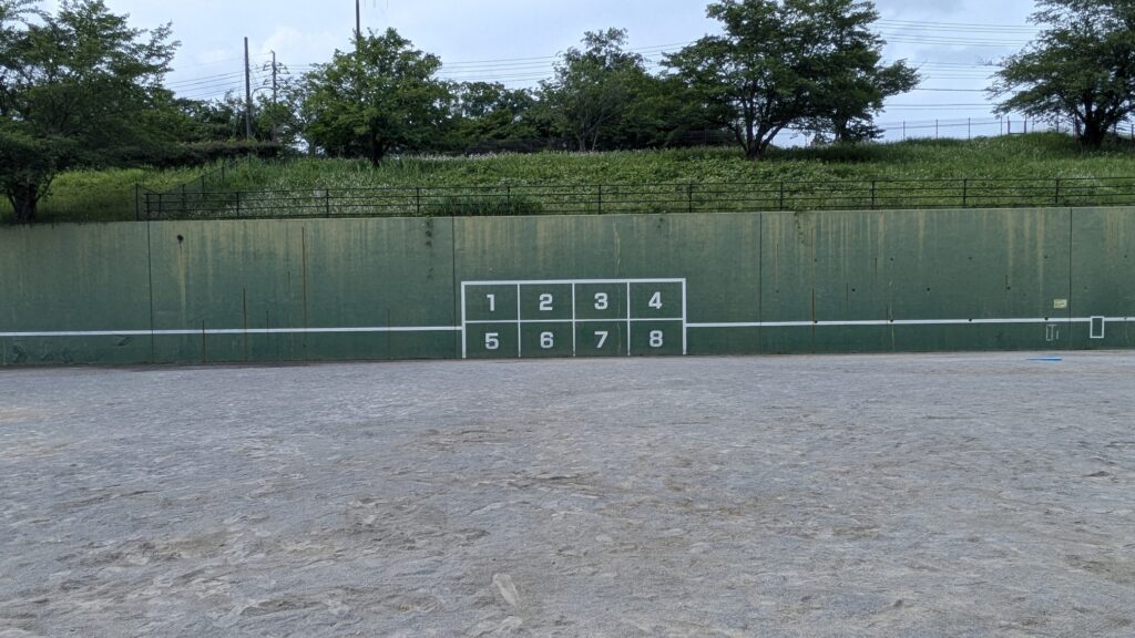 砂の上にある緑色の壁に番号が書かれたスポーツフィールド。1から8までの数字が表示されている。