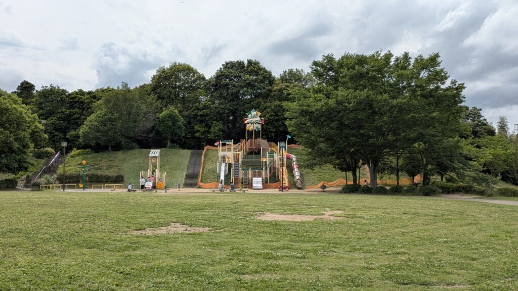 広い芝生の公園にある遊具と木々の風景