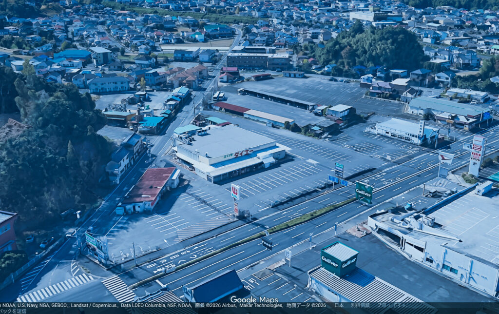 Googleマップの3D表示で見た成田市土屋のタイヨー成田店 旧店舗と国道408号周辺
