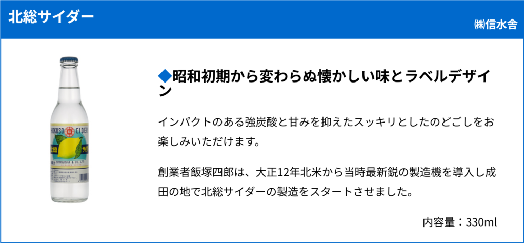全国清涼飲料連合会のサイトに掲載された株式会社信水舎(成田市)の北総サイダーの紹介