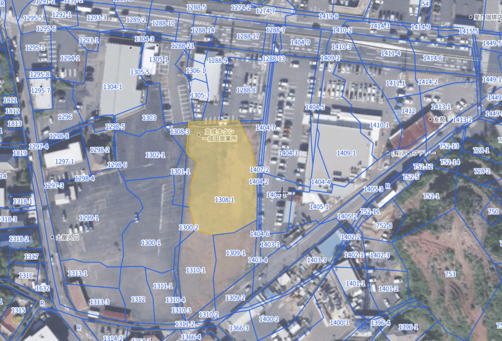 成田市土屋字新着1308番1(新タイヨー成田店の敷地)を示した地番図と京成タクシー成田営業所の表示