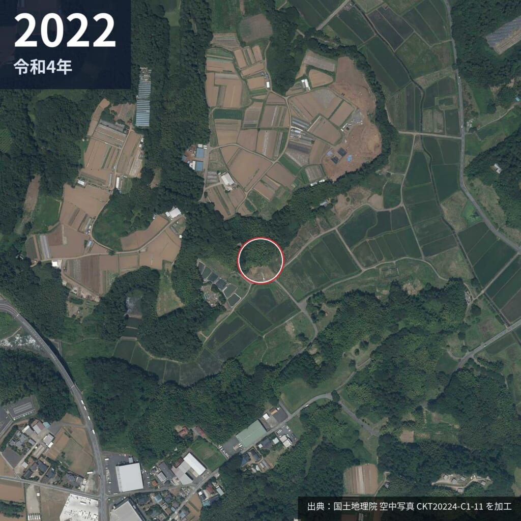 2022年の芝山町菱田・辺田集落跡の航空写真。耕作されなくなった田が緑に戻り始めている