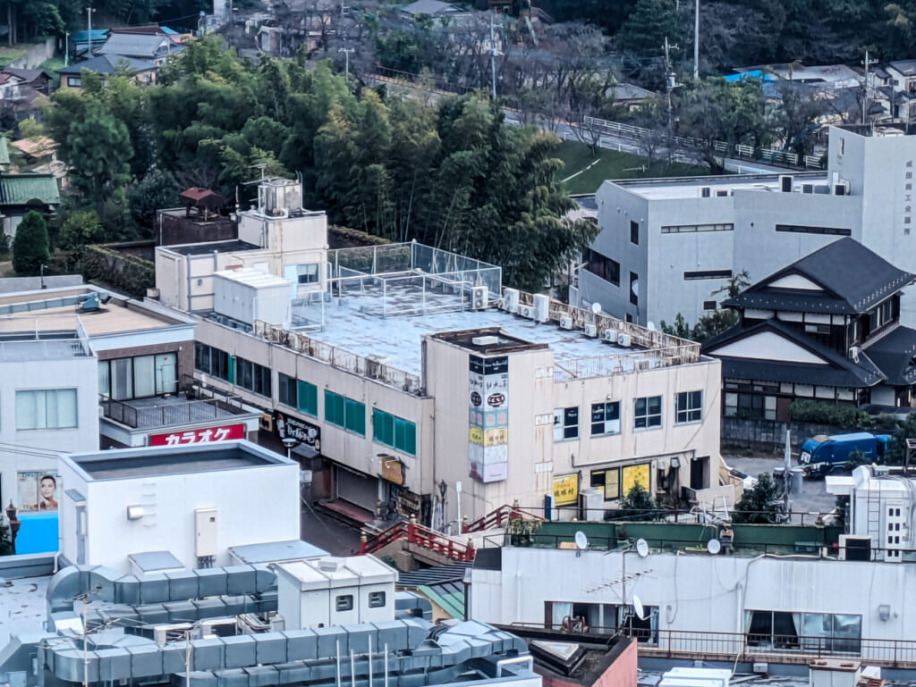 2026年10月撮影・成田市花崎町の開運ビル 高い位置から見た屋上と周辺の竹林|現存