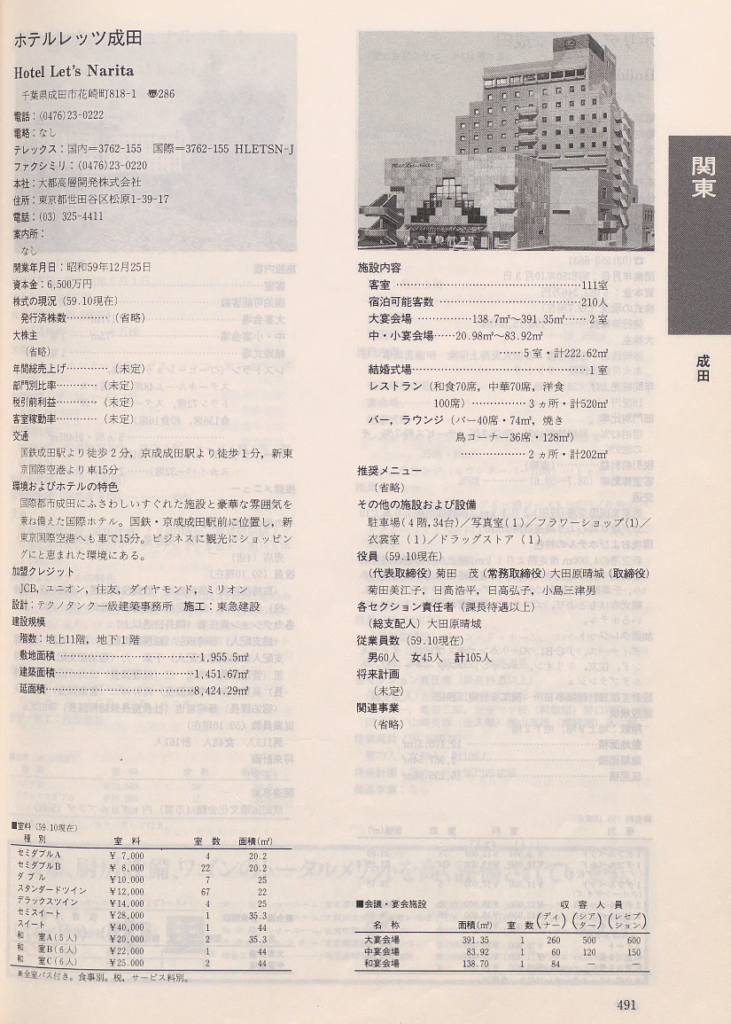 1985年・ホテルレッツ成田の紹介ページ(日本ホテル年鑑1985年版 p.491)|現存